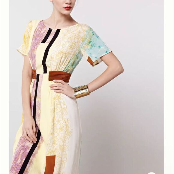 Anthropologie H by Helen Bullock Penelope Dress Silk Maxi sz 4 Abstract Yellow - Picture 6 of 16